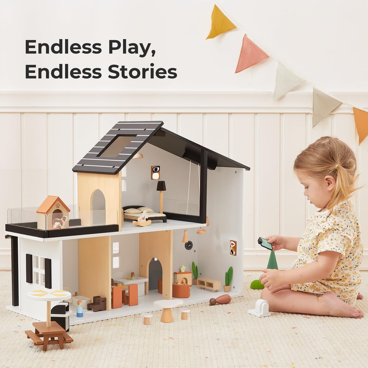 OOOK Wooden Dollhouse, Modern Doll House with 66Pcs Luxurious Furniture Accessories, Including Dolls and Pet Sets, Wood Dollhouse Toy for Boys