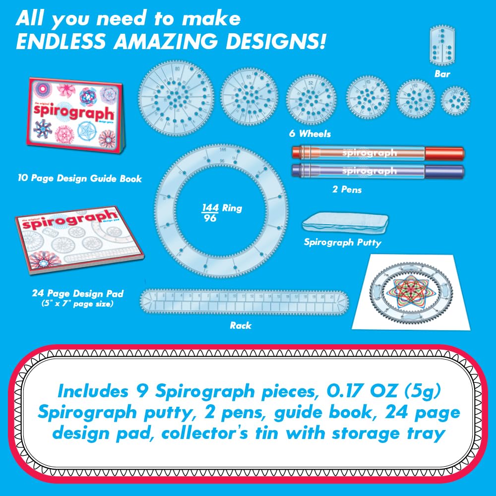Spirograph Design Set Collectors Tin - Arts and Crafts, Kids Toys, Art Supplies, Craft Supplies, Drawing Kit, Spiral Art, Classic Gear Design Kit