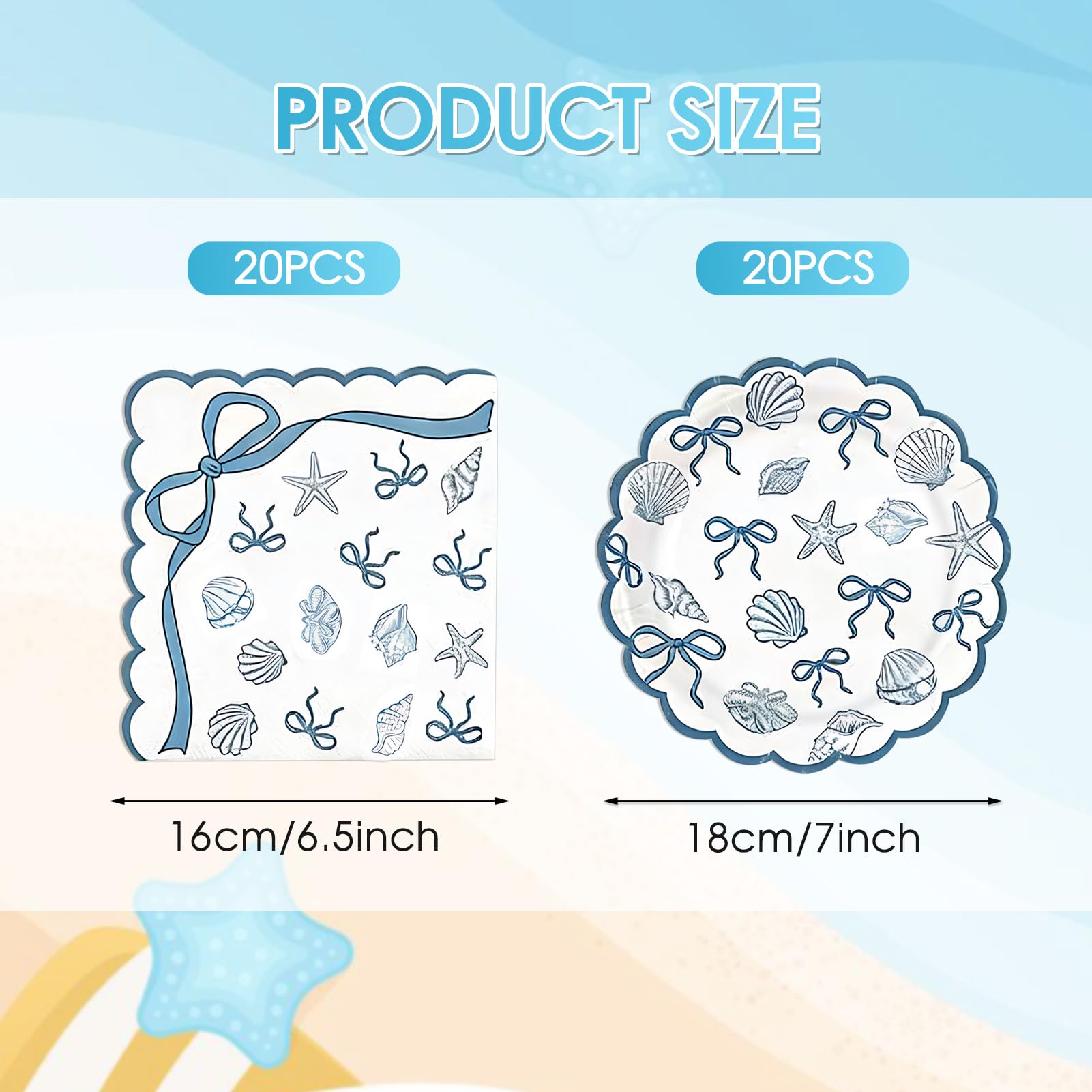 40Pcs Scalloped Coastal Party Supplies Include Summer Starfish Seashell Plates&Paper Napkins Disposable Blue Bow Ocean Theme Tableware Set