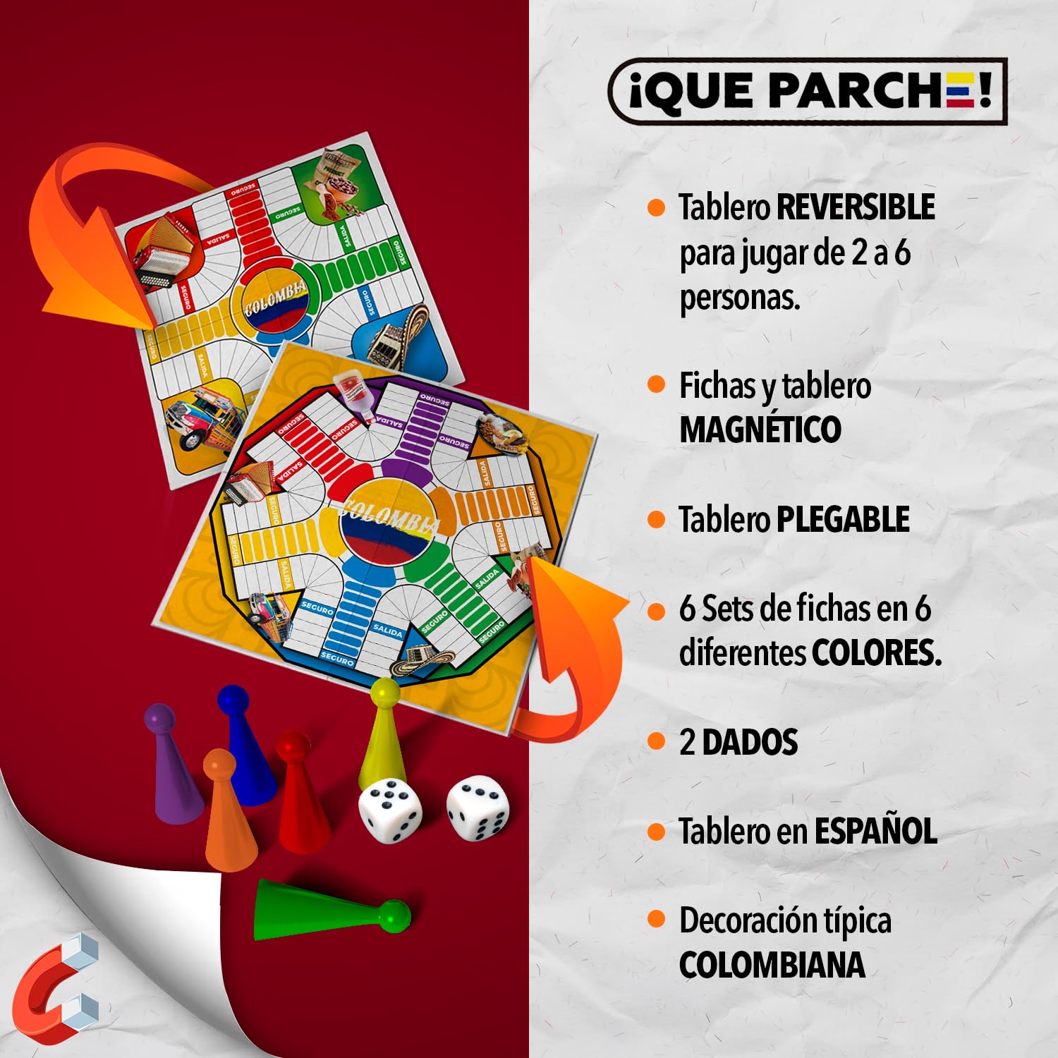 PAP Products PARQUES MAGNÉTICO Colombiano para 2 a 6 Jugadores Colombian Parques Board Game, Parcheesi Board Game, Juegos De Mesa para Adultos