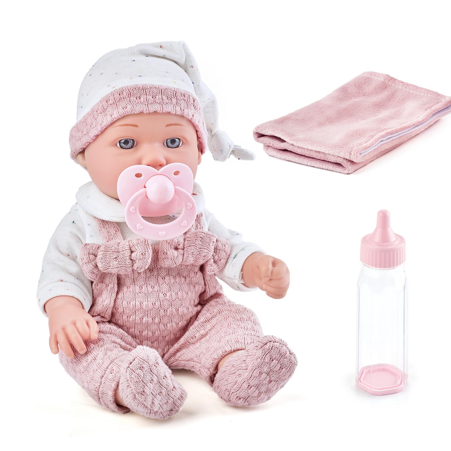 Enjoyin 12 Inch Baby Doll Playset for Toddlers Girl - Doll Accessories with Pink Clothes, Pacifier, Feeding Bottle& Soft Blanket, for Girls Ages 3