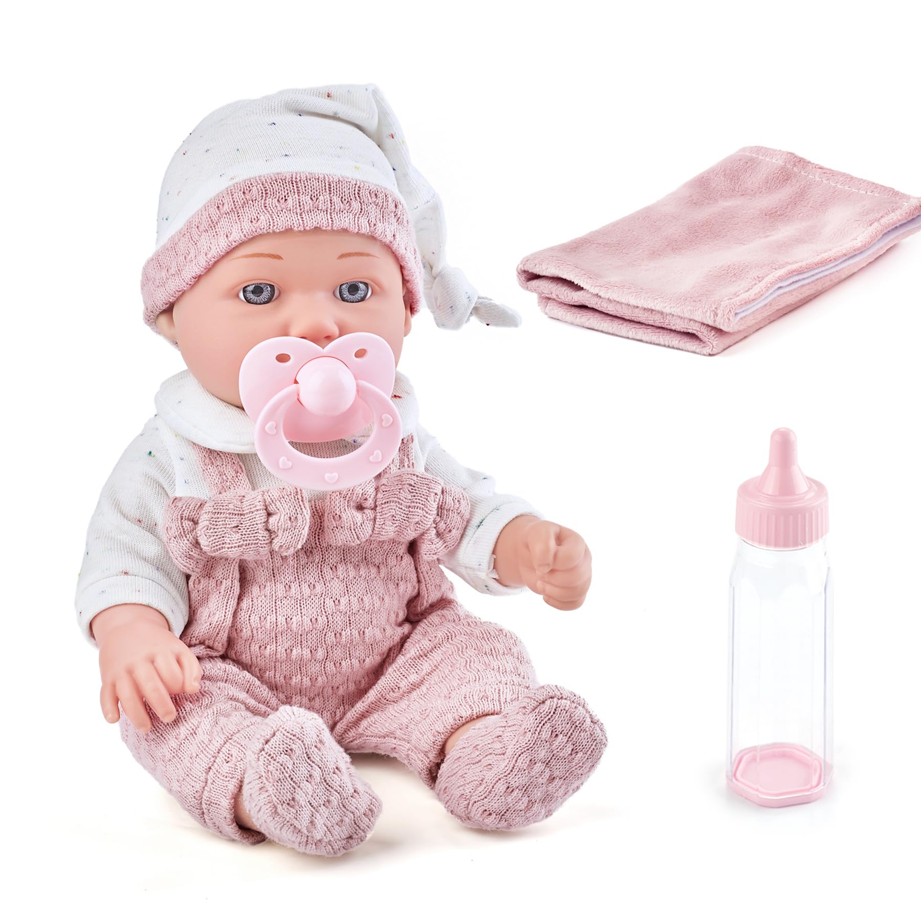 Enjoyin 12 Inch Baby Doll Playset for Toddlers Girl - Doll Accessories with Pink Clothes, Pacifier, Feeding Bottle& Soft Blanket, for Girls Ages 3