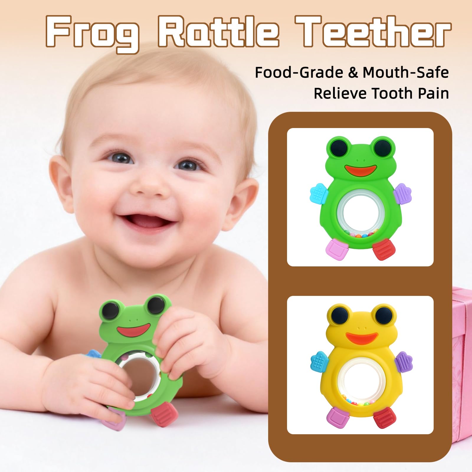 WALULAN Baby Teething Rings Toys,Over Sized of A Frog Infant Toys Relief Teethers for Babies 3-6-12-18 Months,Sensory Toys Rattle Teether Silicone