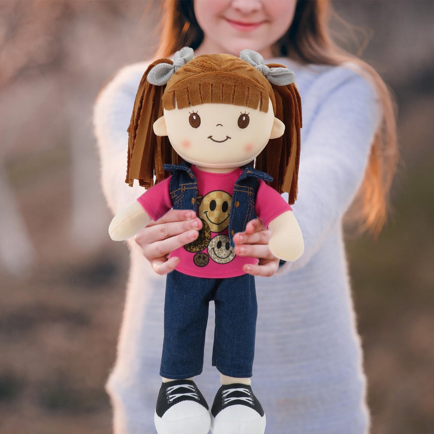 Linzy 15" Little Sweet Hearts Riley Doll for Girls, Soft Plush Rag Doll with Brown Pigtails, Denim Vest & Pink Smile Shirt, Stuffed Play Doll