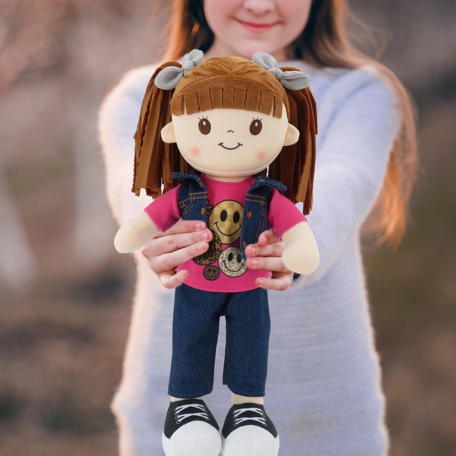 Linzy 15" Little Sweet Hearts Riley Doll for Girls, Soft Plush Rag Doll with Brown Pigtails, Denim Vest & Pink Smile Shirt, Stuffed Play Doll