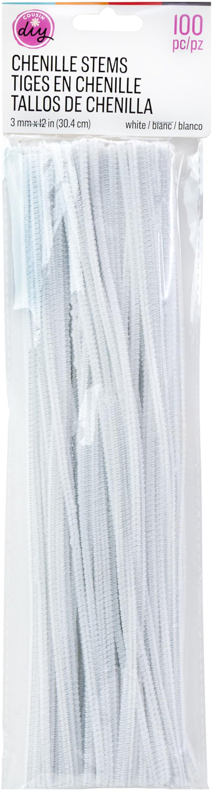 White Chenille Pipe Cleaners, 3mm x 12 inch, 100 Pack