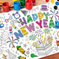 Happy New Year Coloring Poster Tablecloth - 51 x 30 Inch Giant DIY Paper Banner with Fireworks, Party Hats, and Festive Designs - Art Activity for New