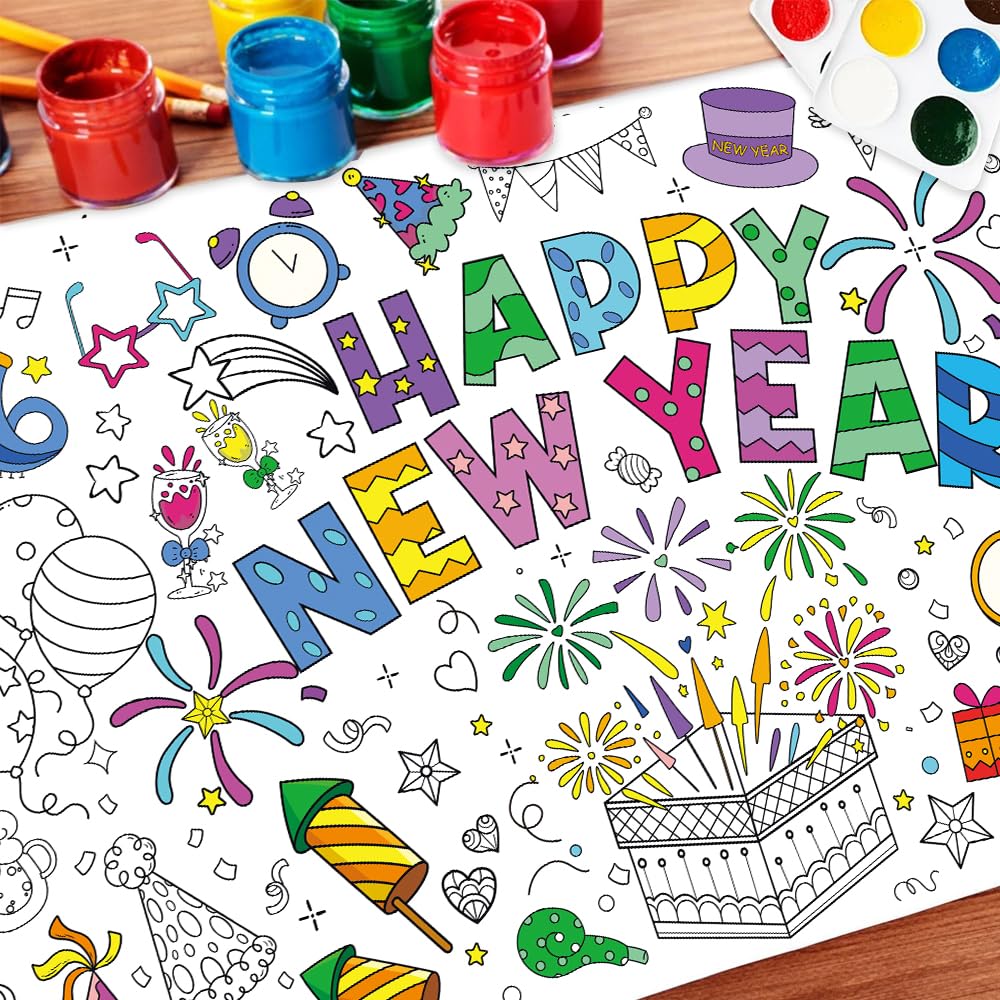 Happy New Year Coloring Poster Tablecloth - 51 x 30 Inch Giant DIY Paper Banner with Fireworks, Party Hats, and Festive Designs - Art Activity for New