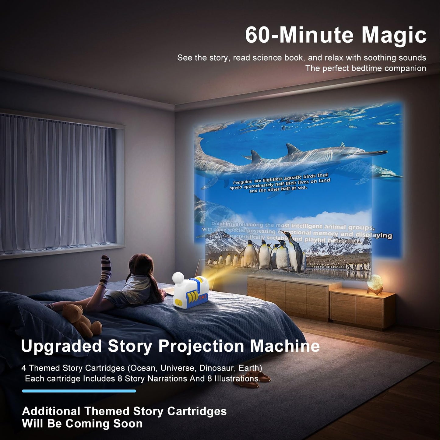 Kids Story Projector with 4 Science Cartridges, Bedtime Stories, Lullabies & Night Light, Storybook Player Machine, Educational Storytime Projector