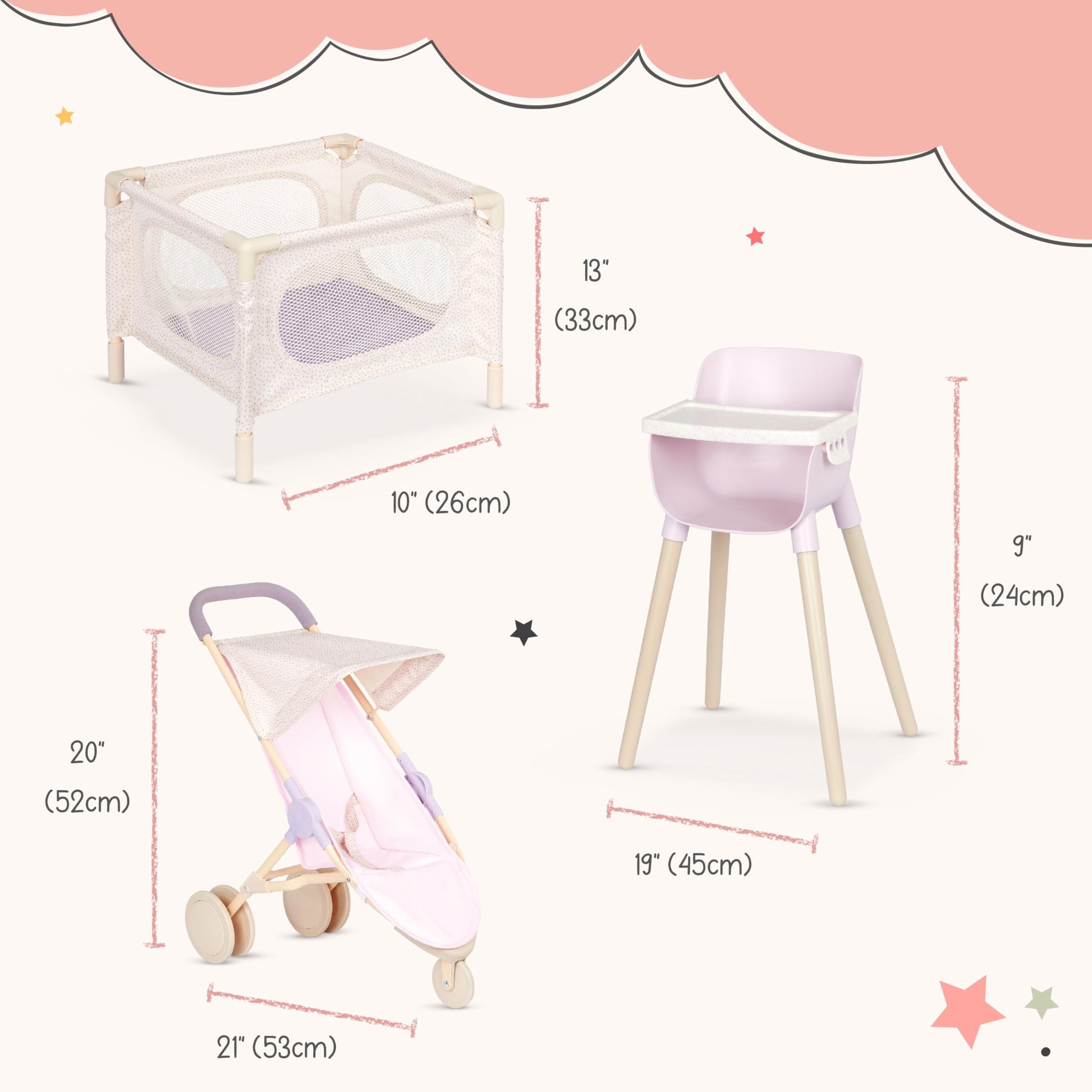 LullaBaby - 14-Inch Realistic Baby Doll & Accessory Bundle - Fair Skin Tone & Blue Eyes - Baby Doll Nursery Care Set - High Chair, Playpen & Jogger