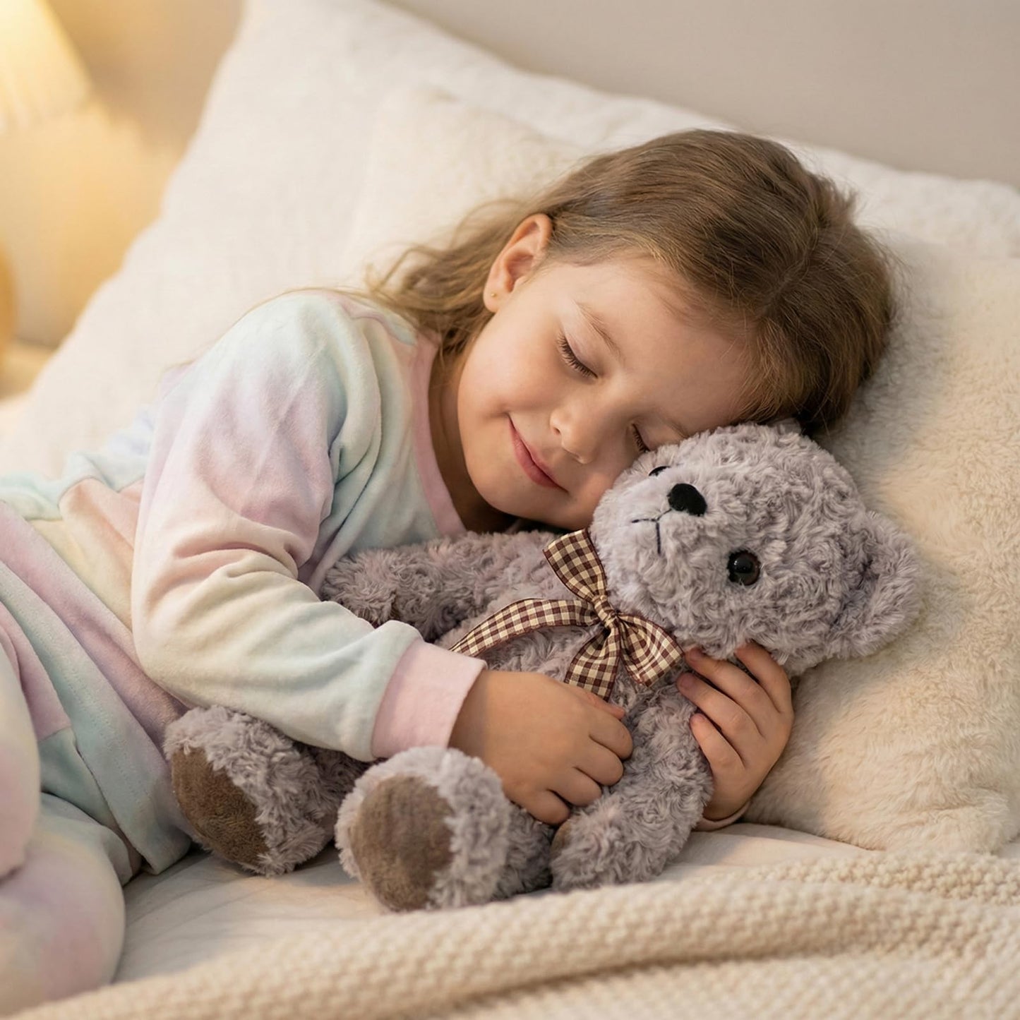 WEIGEDU Classic Fluffy Teddy Bear Plush Toys Stuffed Animals with Vintage Lattice Tie for Kids Babies Birthday Bedtime, 11.8 inches Gray