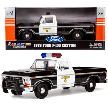 Motormax All Star Toys Exclusive 1979 Ford F-150 Sheriff Pickup Classic F150 Police Pick Up Truck 1:24 Diecast Collectible Model Car Black 76986