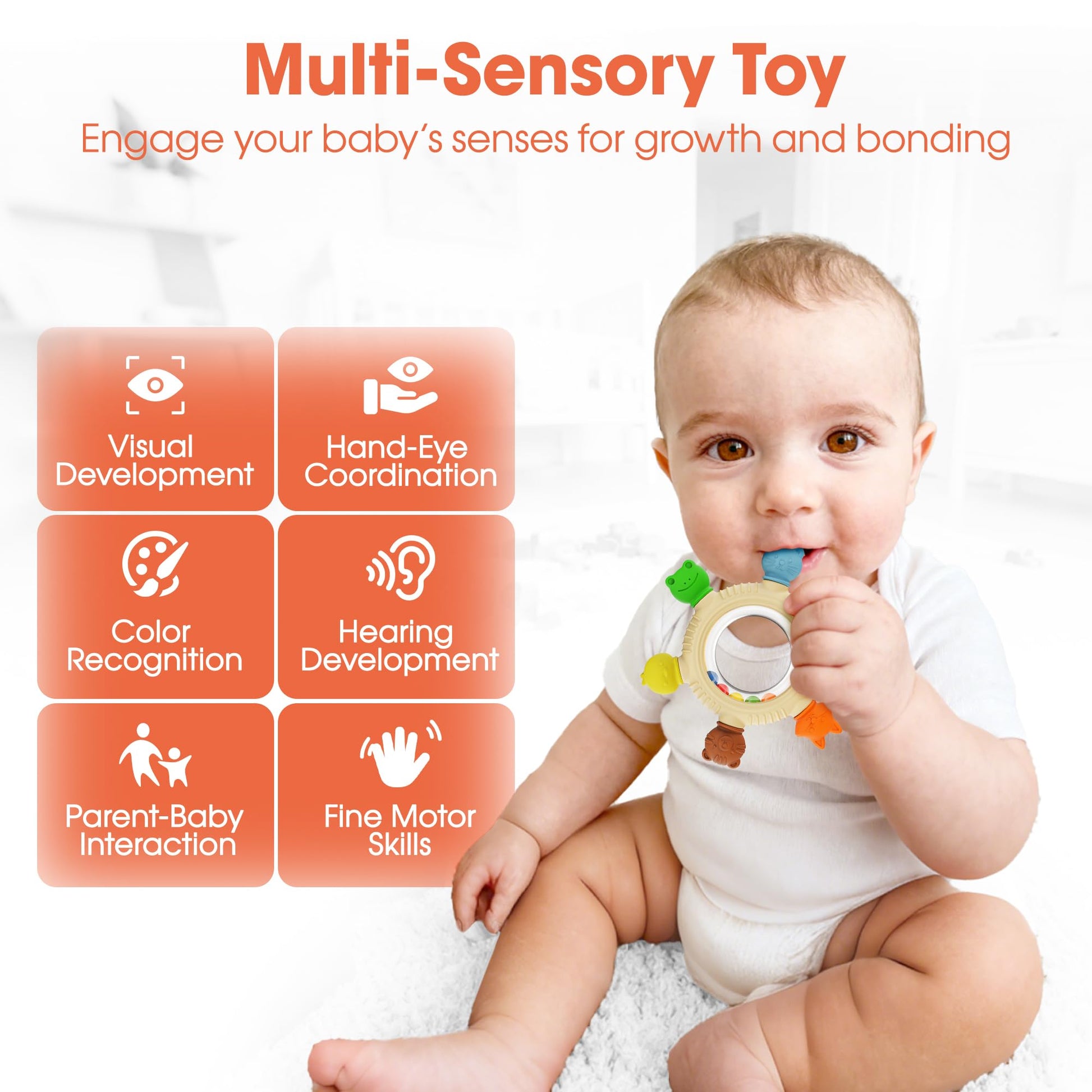 Baby Teething Toys for 3-6 6-12 Months, BPA Free Silicone Teething Rings Toys, Baby Teether Relief Chew Toy with Rattle, Sensory Toy for Infant