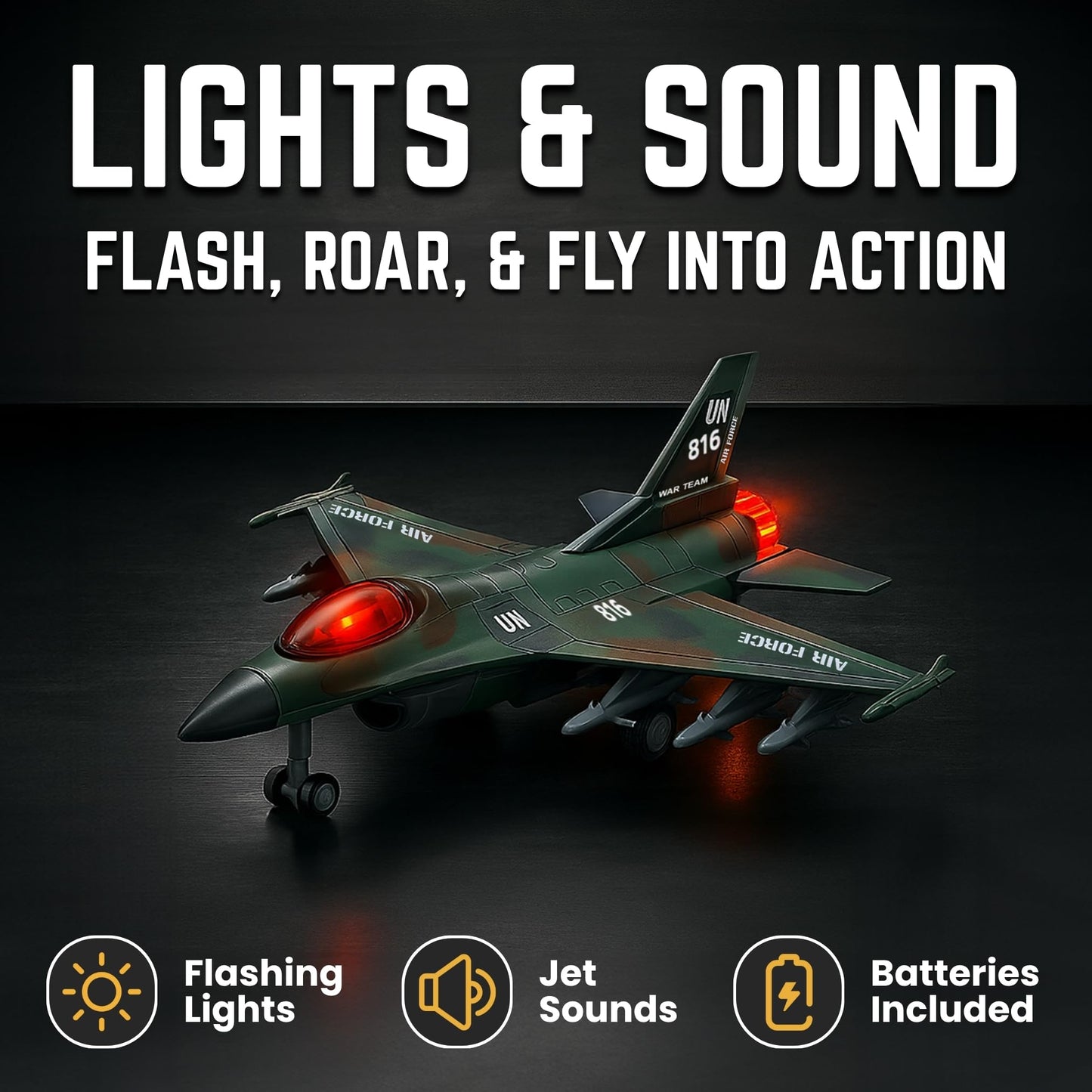 Diecast Fighter Jet Toy Military Falcon Replica Model - 1:400 Scale Airplane Pullback Metal Alloy Aircraft Vehicle with Flashing Lights and Sound