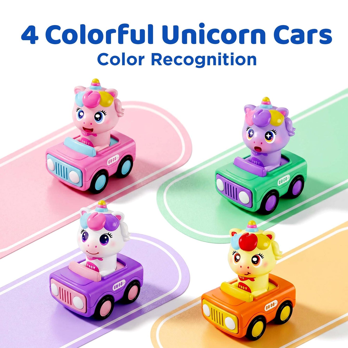 iPlay, iLearn Press to Go Unicorn Car Toys for Toddler 1-3, Baby Animal Racing Cars, Infant Girl Push Go Friction Toy, Kids Play Vehicle for 12 18 24