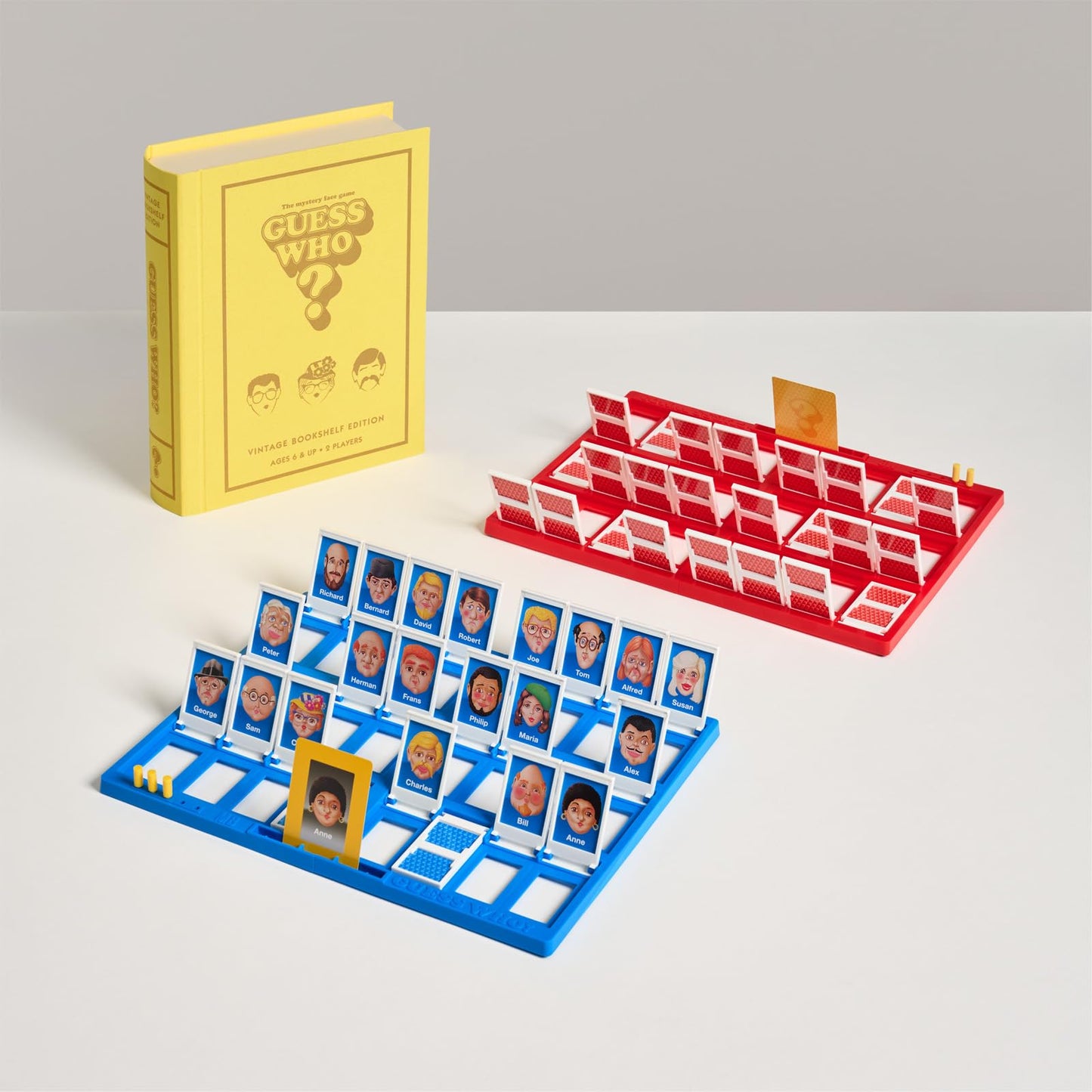 WS Game Company Guess Who? Vintage Bookshelf Edition, Linen Wrapped Book Box & Slipcase, Inspired by 1991 Version, Classic Board Games for Kids