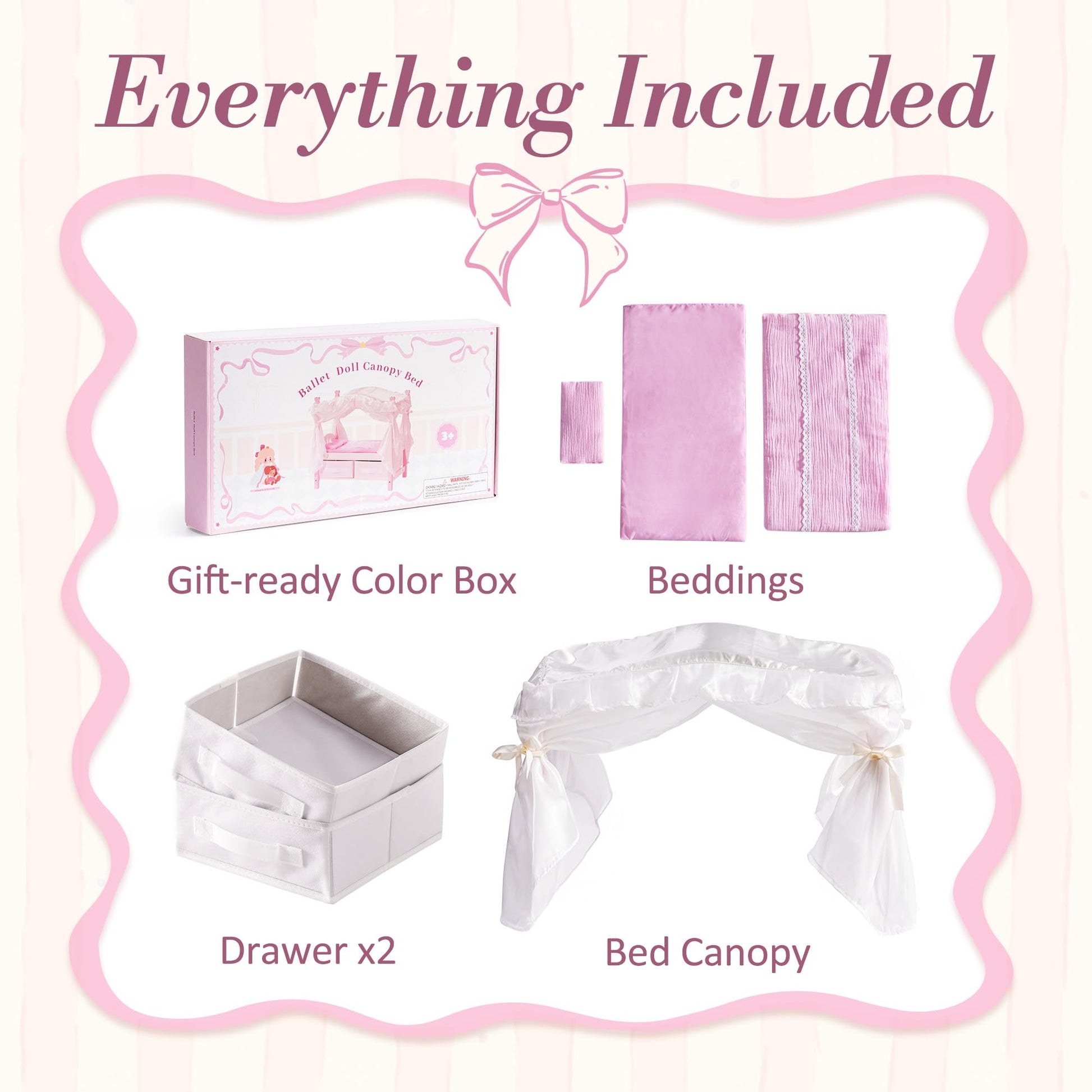 ROBOTIME 18 Inch Doll Bed with Canopy, Wooden Doll Bed with Fabric Storage Drawers, Bedding & Pillow, Pink Doll Furniture for 18 Inch Dolls, Pretend