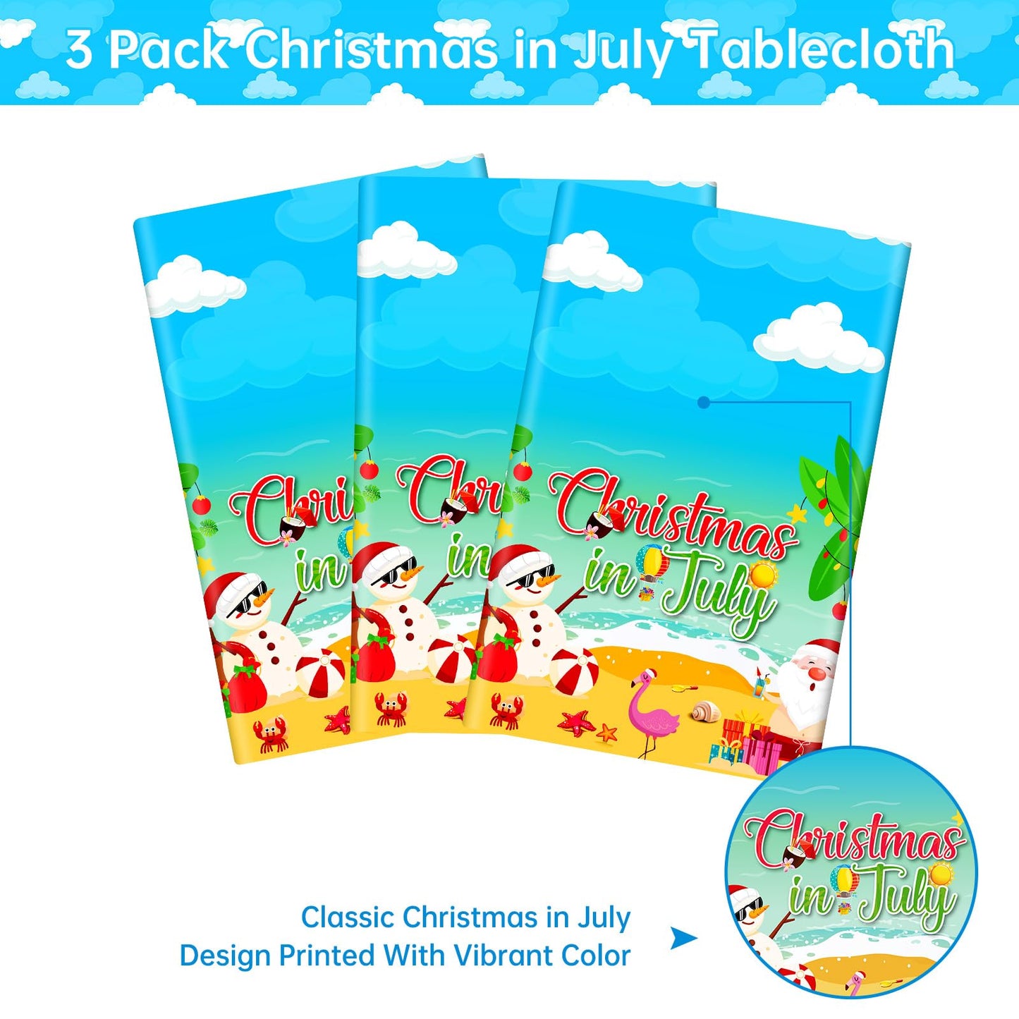 3 Pcs Christmas in July Tablecloth - Summer Christmas Table Cloth, Disposable Plastic Rectangle Blue Table Cover for hawaiian Beach Xmas Decorations