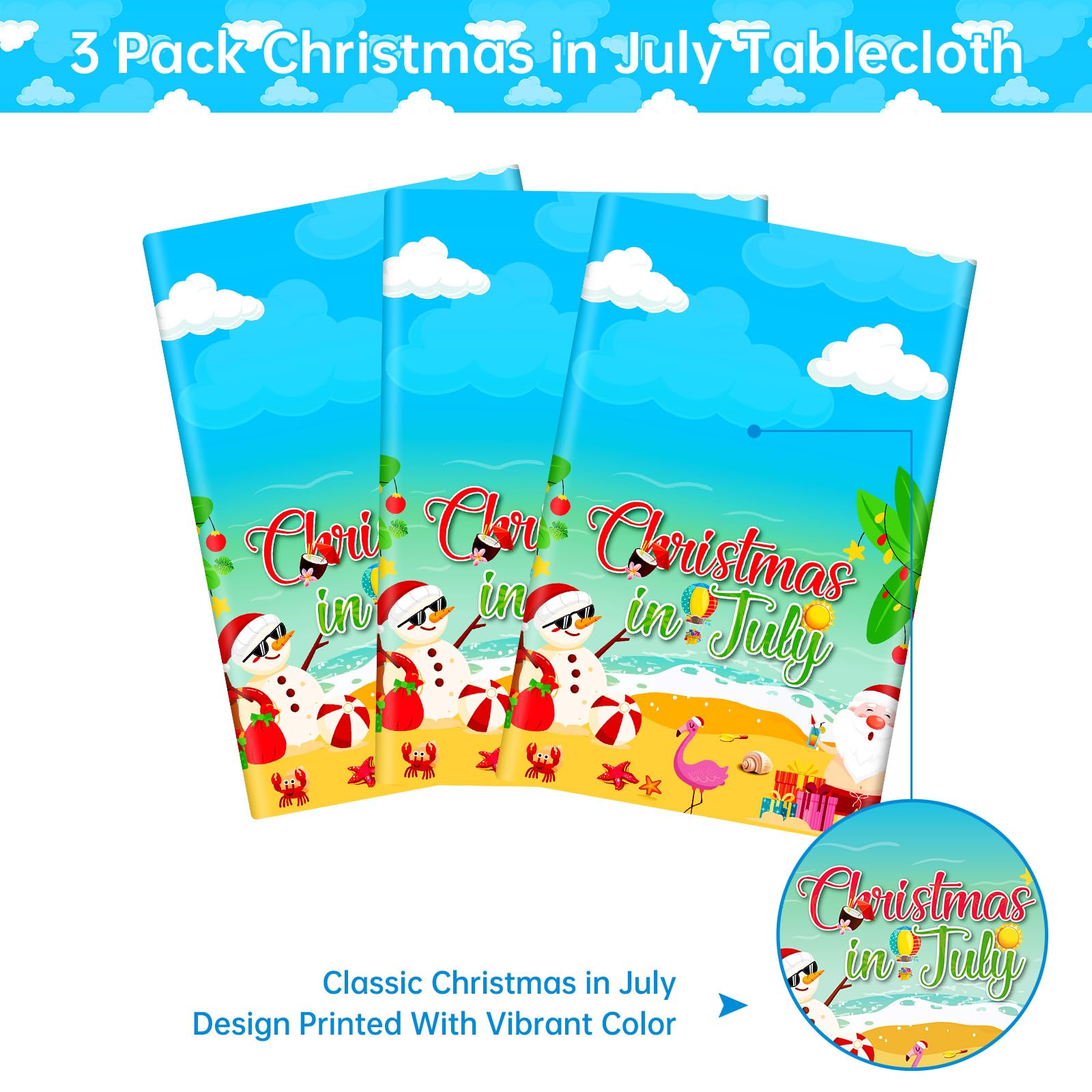 3 Pcs Christmas in July Tablecloth - Summer Christmas Table Cloth, Disposable Plastic Rectangle Blue Table Cover for hawaiian Beach Xmas Decorations
