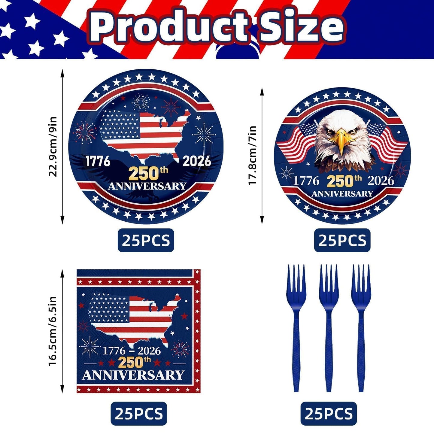 100 Pcs 250th Anniversary Party Supplies - Serves 25, Red White Blue Disposable Tableware, Includes Paper Plates, Napkins, Plastic Forks for 1776-2026