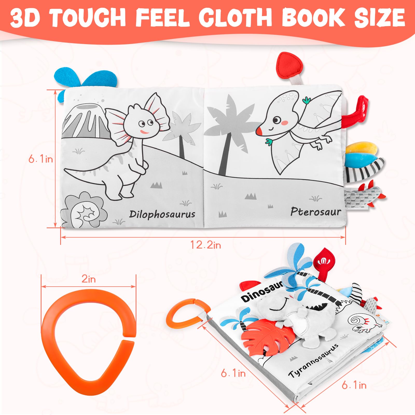Odeepstar Dinosaur Fabric Book- Crinkle Sound, Touch & Feel, Press Squeaker with Soft Tail Plus Teether Feature - Baby Books Toys for Newborn Infants