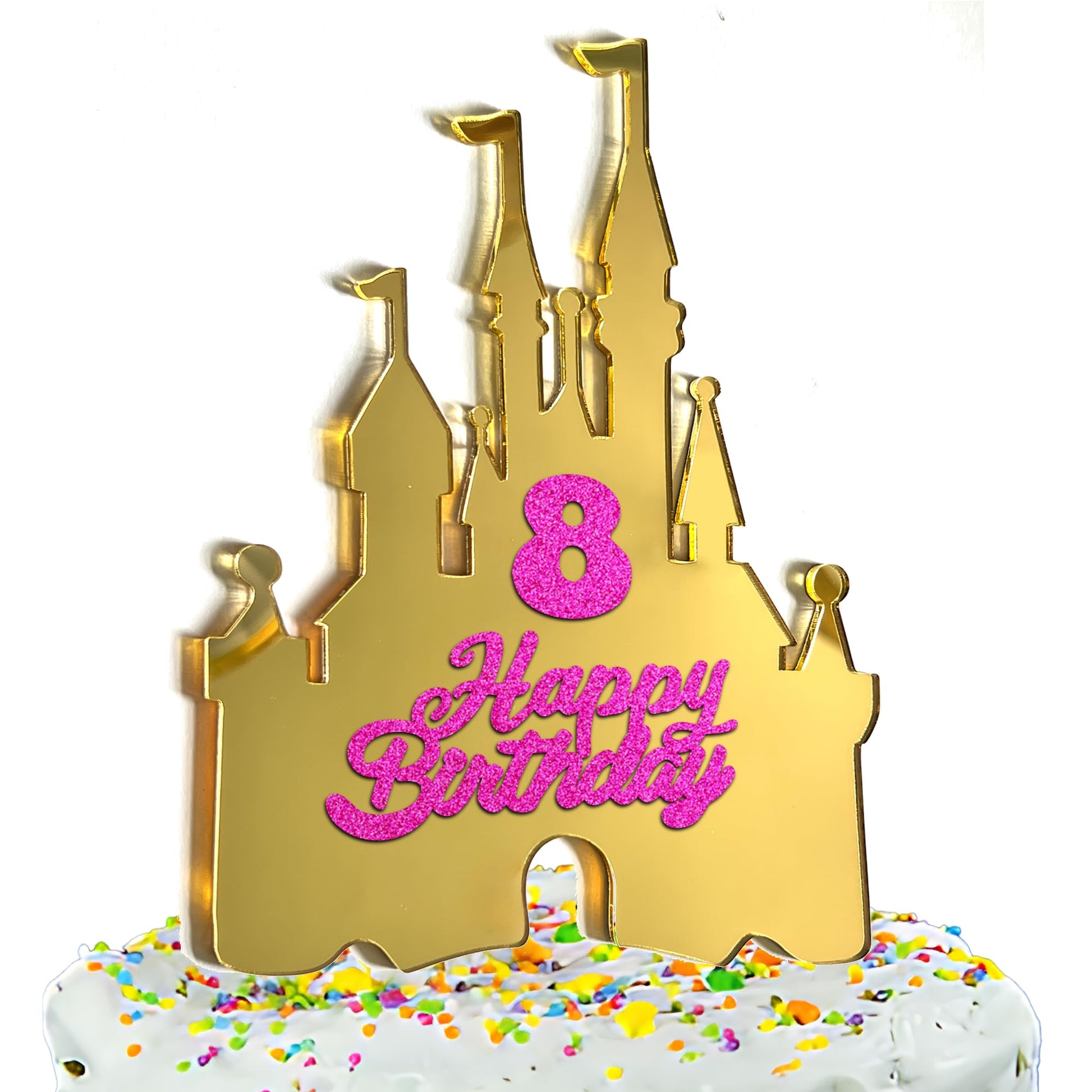 Gold Castle Cake Topper with Numbers 0-9 - Princess Birthday Cake Decorations, Reusable Gold Acrylic Happy Birthday Cake Topper Set for Party Supplies