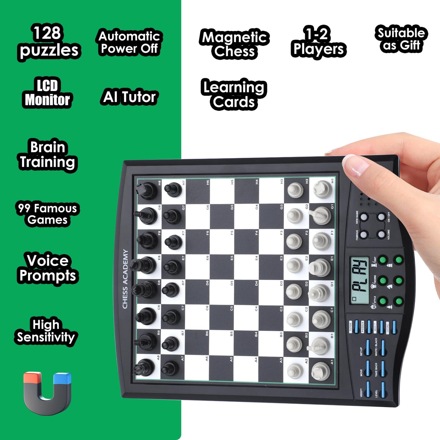 Talking Chess Academy Electronic Chess Board, Smart Chess Board with Voice Teaching System, Computer Chess Game with Strong Magnetic Pieces, 1-2