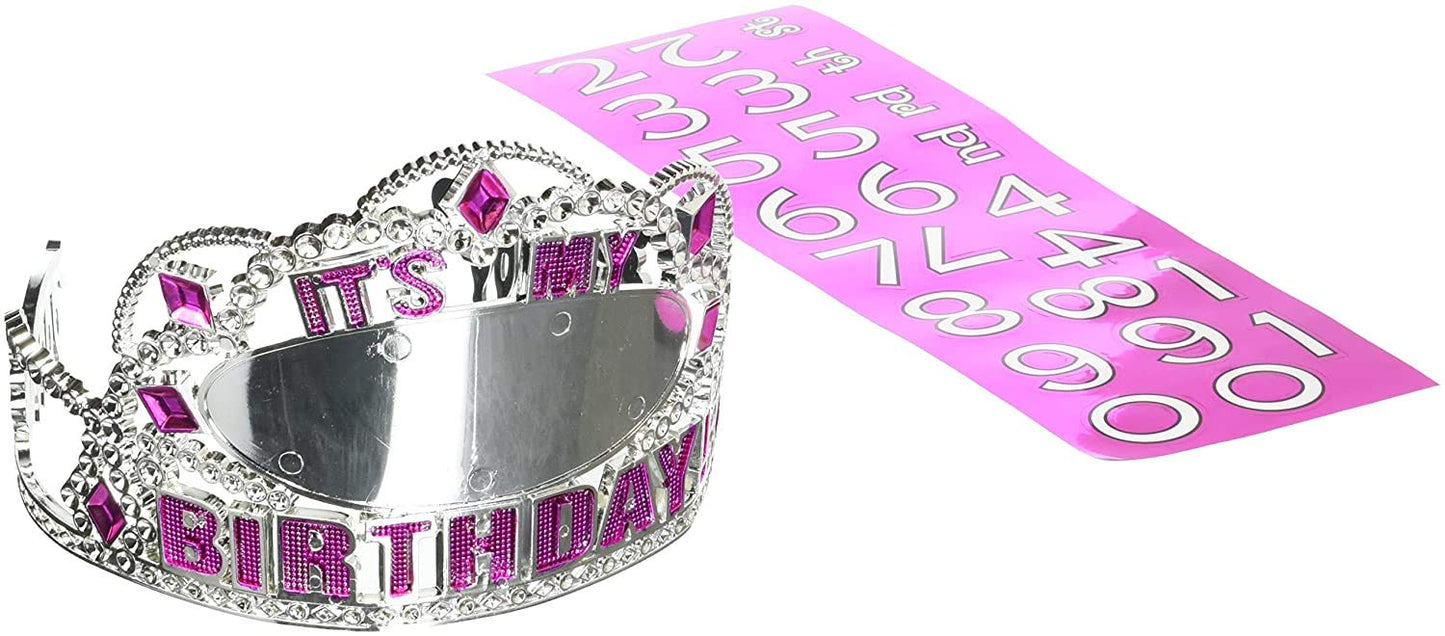 Pink & Silver Customizable Birthday Tiara - 3.5" x 5" (1 Pc.) - Festive Plastic Crowns For All Ages