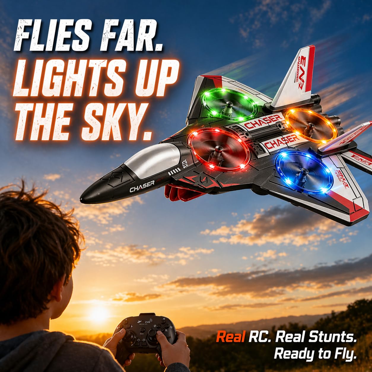 ToyFinity Foam RC Airplane for Kids, Adults and Beginners - LED, 50M