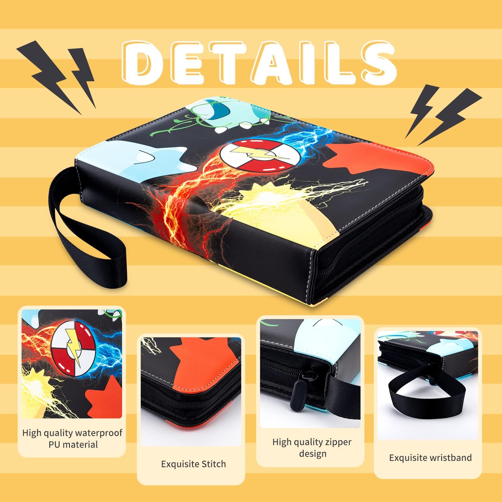 Trading Card Binder 4 Pocket, Holds 400 Cards with 50 Removable Sleeves, PU material and Waterproof,3 Ring Zipper Card Binder, Card Album for TCG