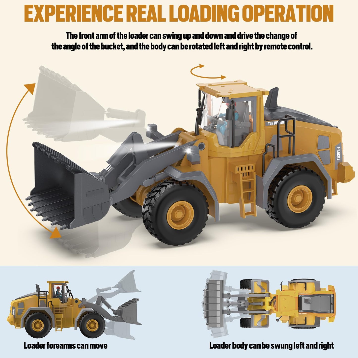 KIDMARKT Metal RC Wheel Loader Toy - Realistic Working Lights and Sounds, 1:20 Scale, 9-Channel Remote Control Construction Play Tractor Toys for Kids