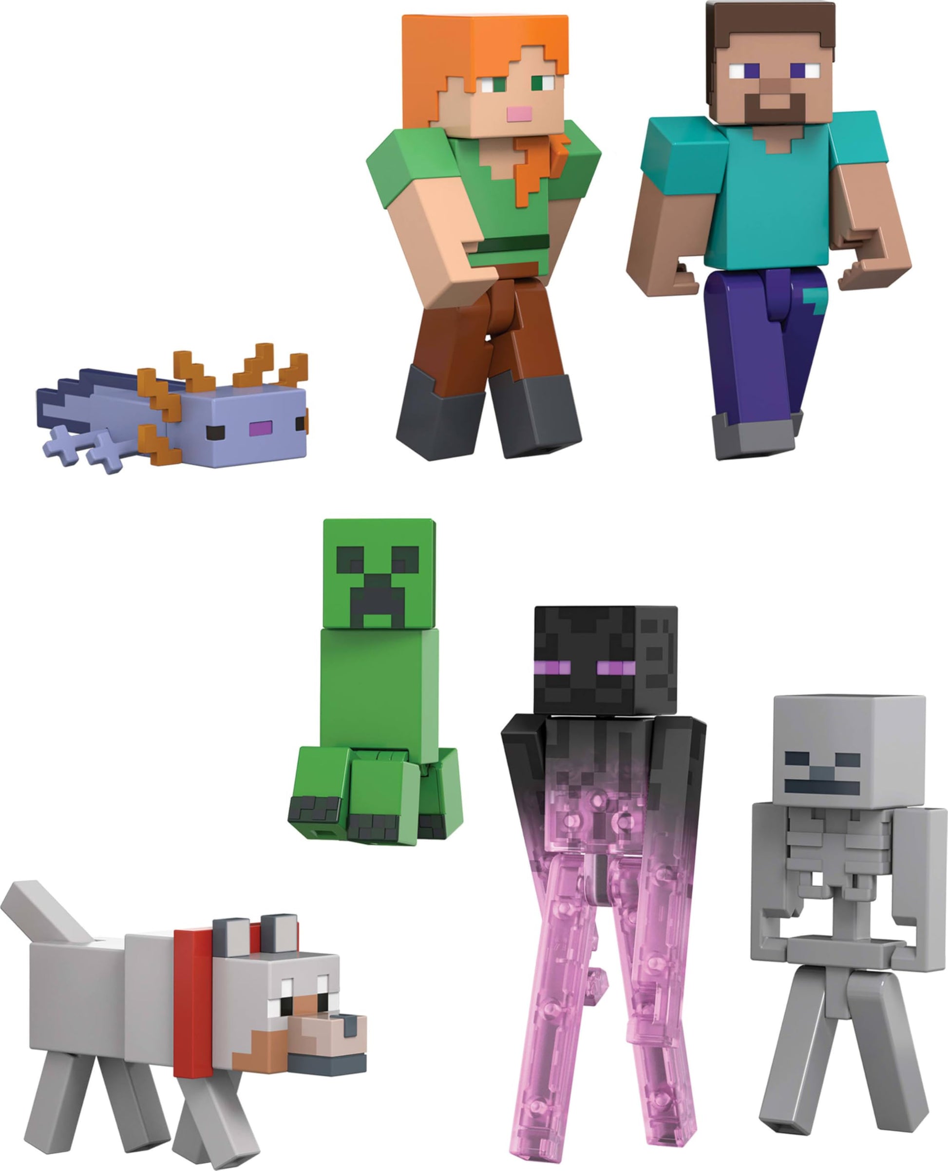 Minecraft Set of 7 Action Figures, World Builder Pack, Starter Collection of Characters in 3.25-inch Scale, Includes Steve, Ari, Enderman & More
