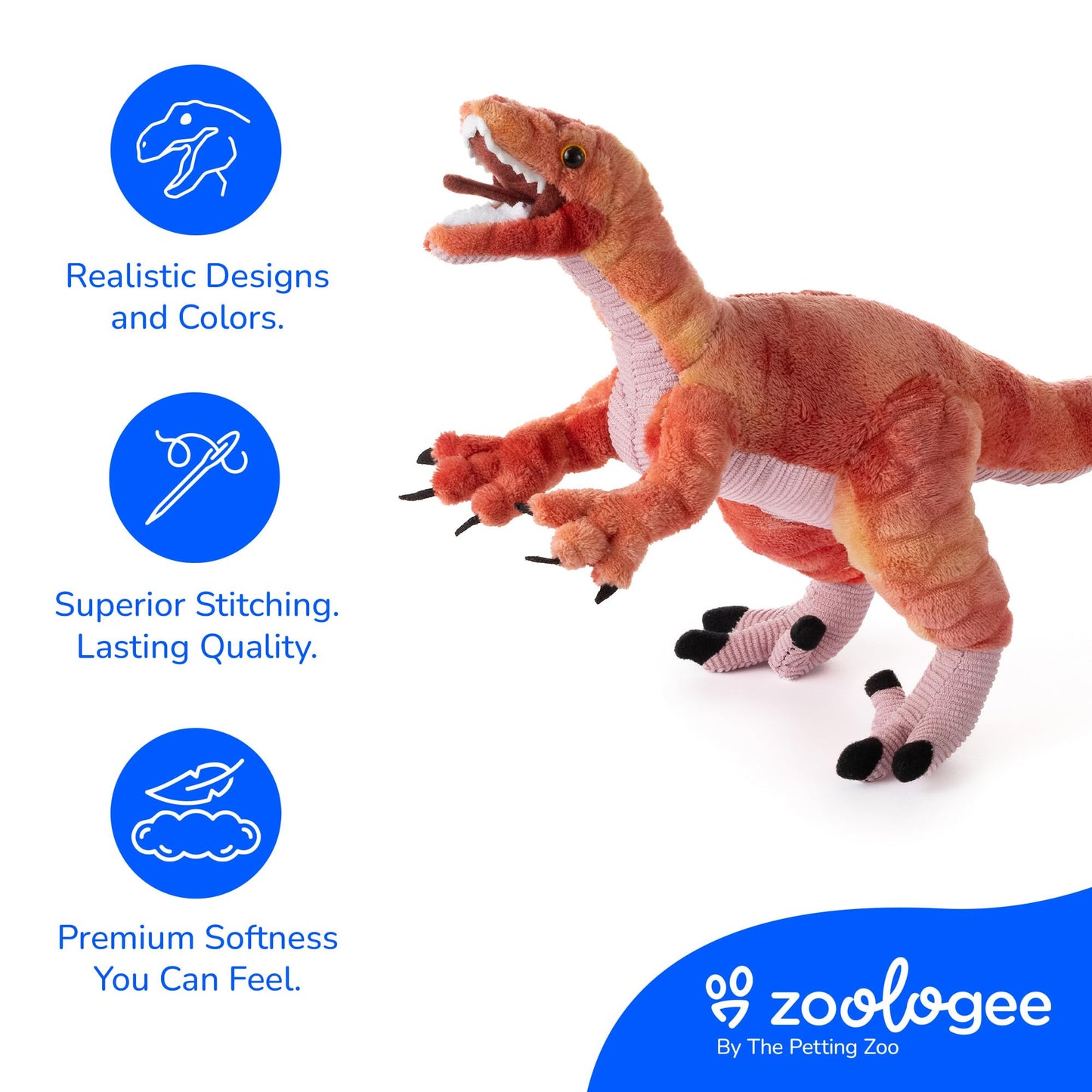 The Petting Zoo Velociraptor Stuffed Animal Plushie, Gift for Kids, Dinosaur Animals, Red Velociraptor Dinosaur Plush Toy, 15 inches