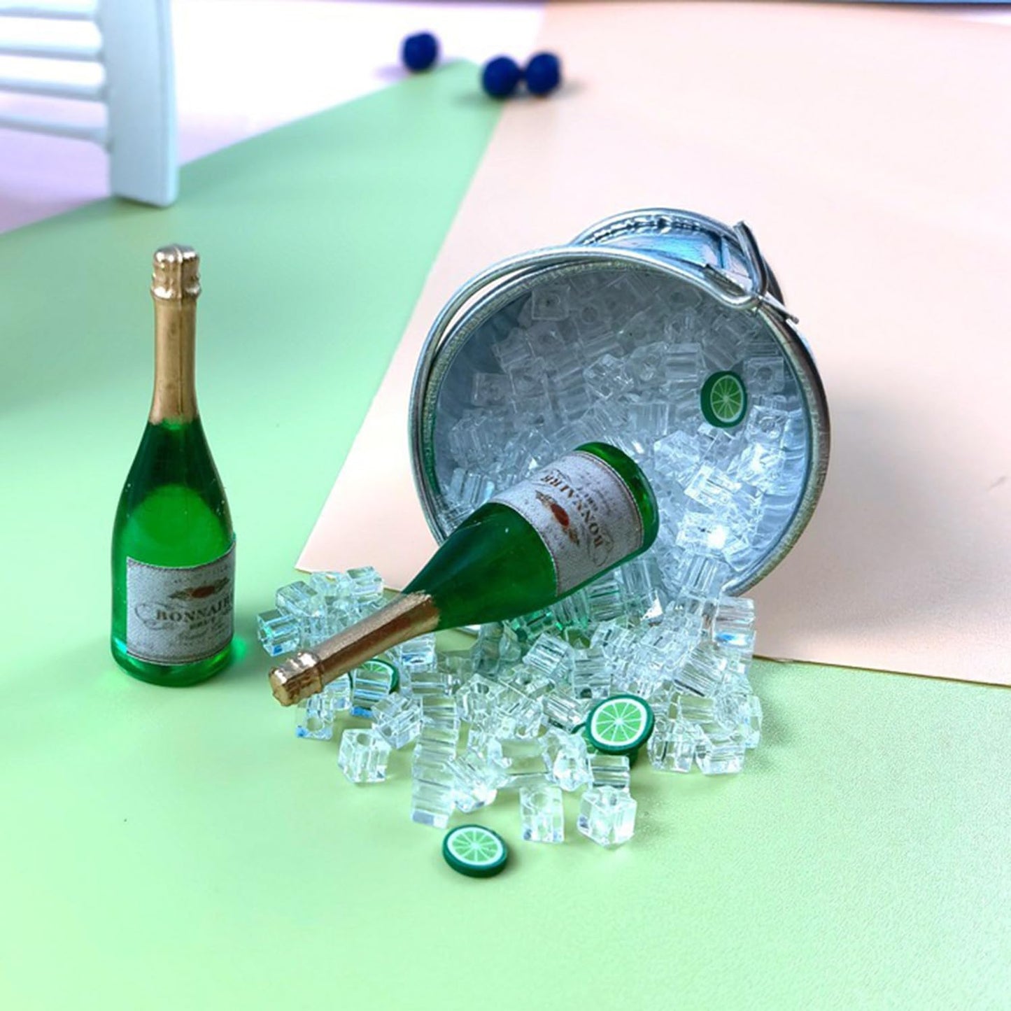 Dollhouse Miniature Champagne and Ice Bucket Set, Miniature Champagne Bottle, Miniature Bottle of Champagnes in a Silver Ice Bucket, for Dollhouse