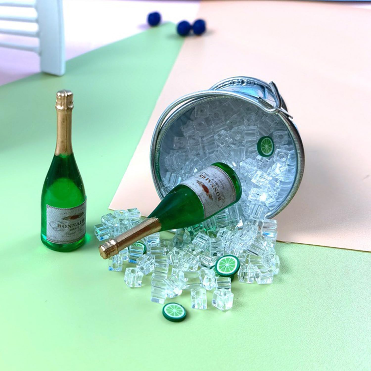 Dollhouse Miniature Champagne and Ice Bucket Set, Miniature Champagne Bottle, Miniature Bottle of Champagnes in a Silver Ice Bucket, for Dollhouse