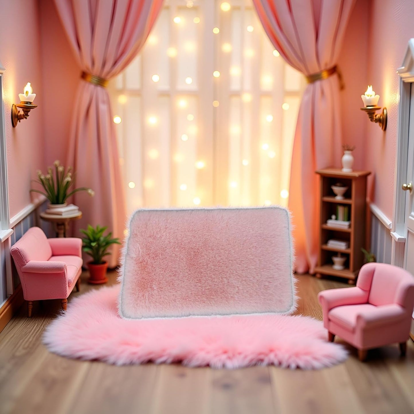 Pink Square Carpet, Miniature Fluffy Rug, Lightweight Dollhouse Decor for 1/12 Scale