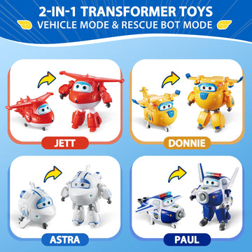 Super Wings 5" Transformable Toys 4-Pack Action Figure Tobot, Transforming Airplane Robot Toys for Boys & Girls Age 3+, Gifts for Preschool Kids