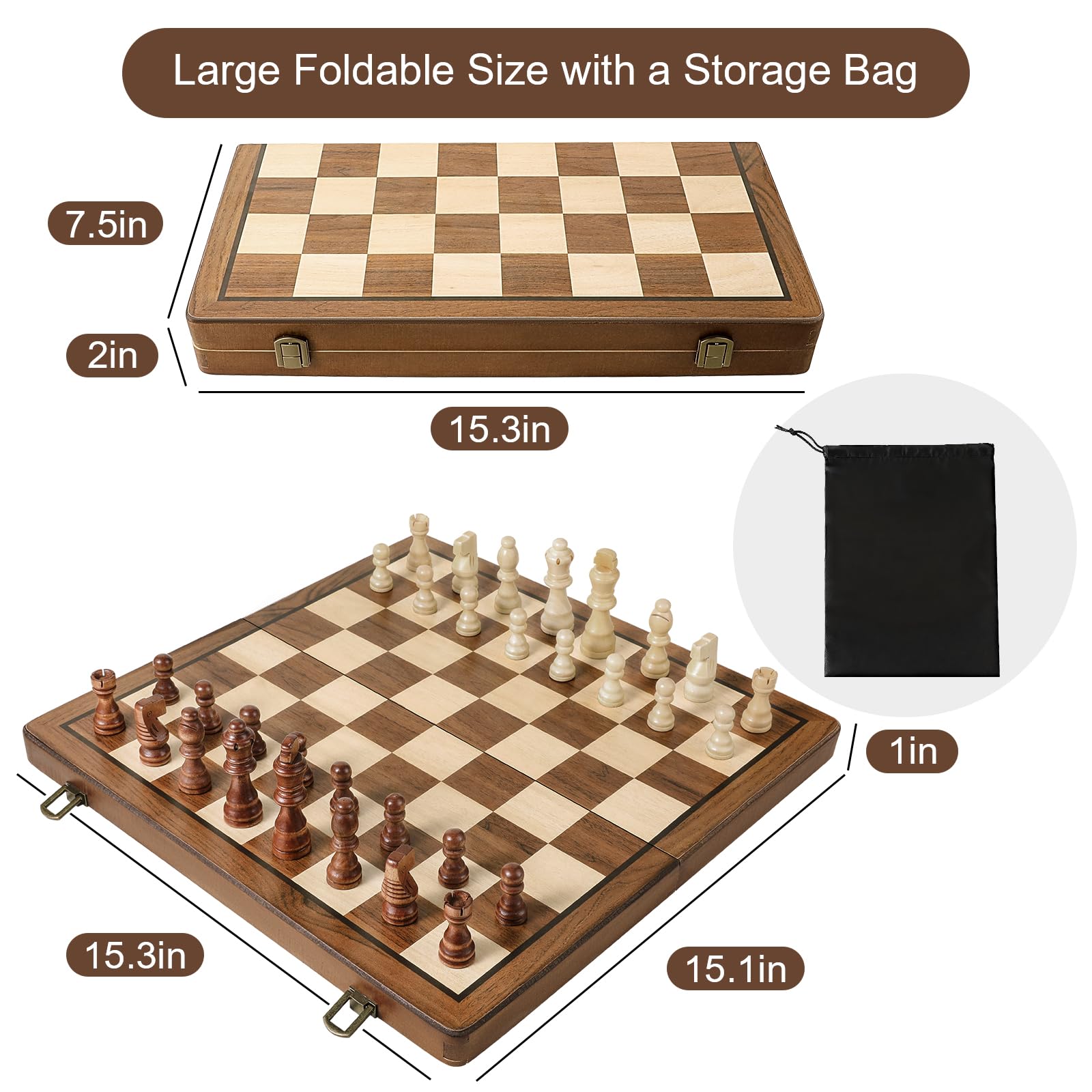 Durpeak Magnetic Wooden Chess Set, 2 Extra Queens, 15'' Folding Portable Travel Chessboard with Chess Pieces Storage Slots for Professional Tournament