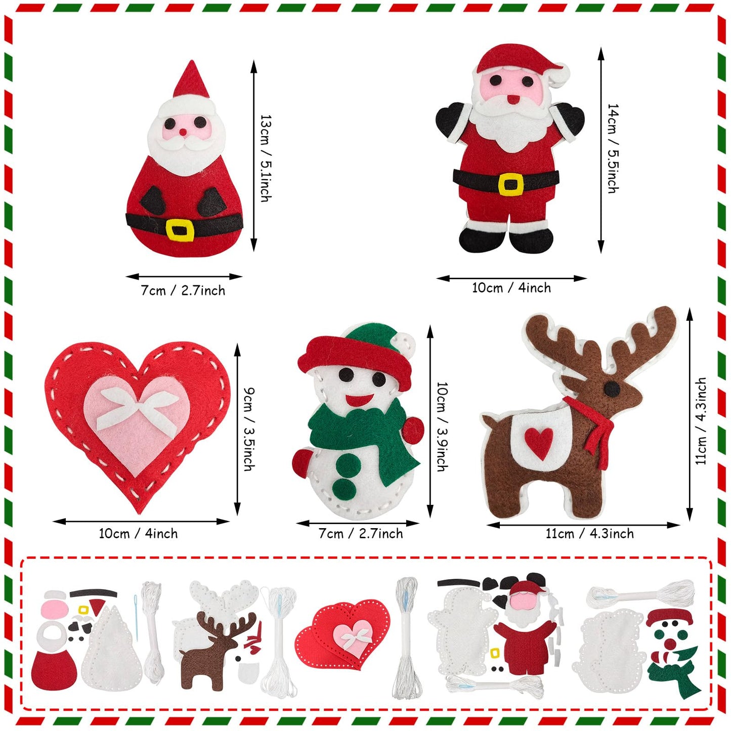 Jtnohx Sewing Kit for Kids, Felt Christmas Ornaments Set, 5 Sets DIY Craft Kits - Christmas Deer, Santa Claus, Snowman, Heart, Christmas Tree Decor