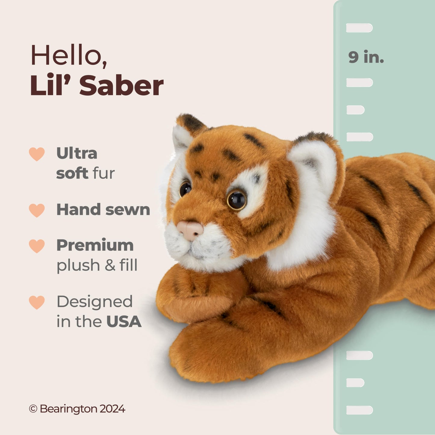 Bearington Lil' Saber Tiger Stuffed Animal - 9" Adorable Baby Tiger Plush Toy with Soft, Poseable Floppy Body - Realistic Stuffed Animal Tigers Gift