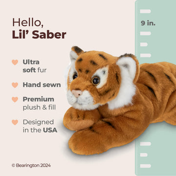 Bearington Lil' Saber Tiger Stuffed Animal - 9" Adorable Baby Tiger Plush Toy with Soft, Poseable Floppy Body - Realistic Stuffed Animal Tigers Gift