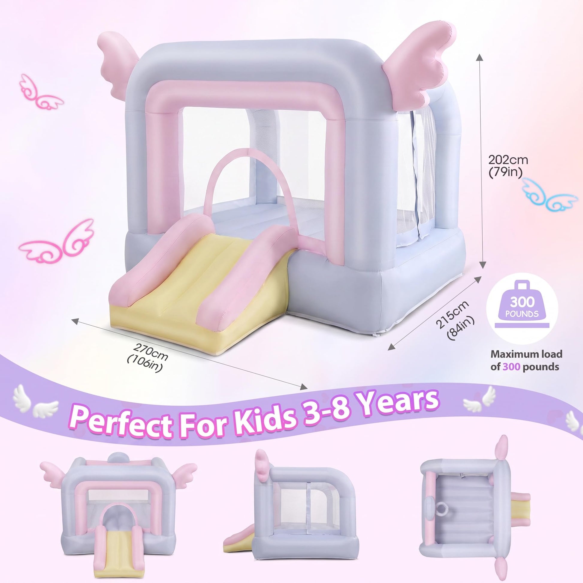 AKEYDIY Pink Inflatable Bounce House for Girls, Pastel Bouncer with Slide, Inflatable Jumping Bouncy Castle for Kids Birthday Party Gifts Outdoor