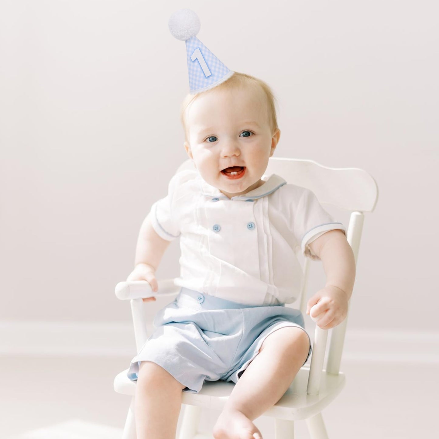 LINGANA Blue White Gingham 1st Birthday Hat - Simple One Birthday Party Decorations,First Cake Smash Photo Prop,Blue and White Plaid Cone Hat,Cute