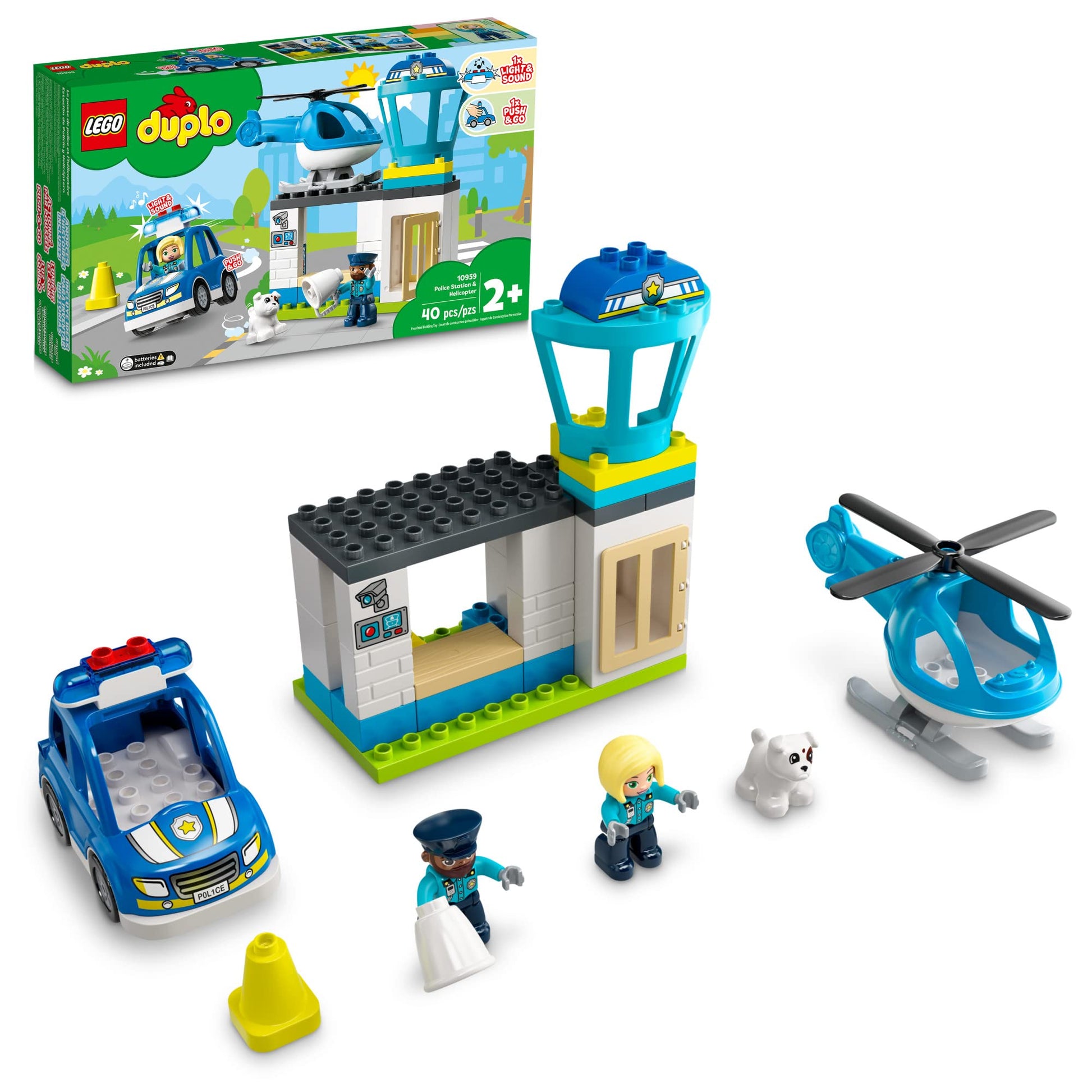 LEGO DUPLO Rescue Police Station 10959 Push & Go Car Toy with Lights and Siren Plus Helicopter, Early Learning Toys for Toddlers, Boys & Girls 2 Plus