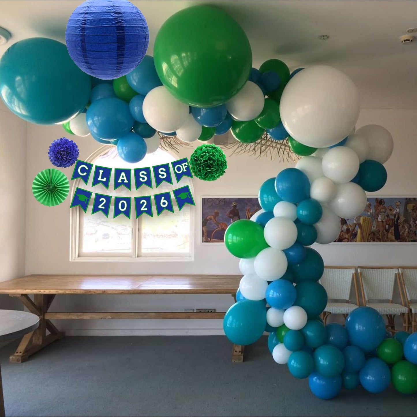 DOMOO OF DREAMS Blue Green Graduation Party Decoration Class Banner Hanging Pom Poms Flowers High School College Grad Supplies