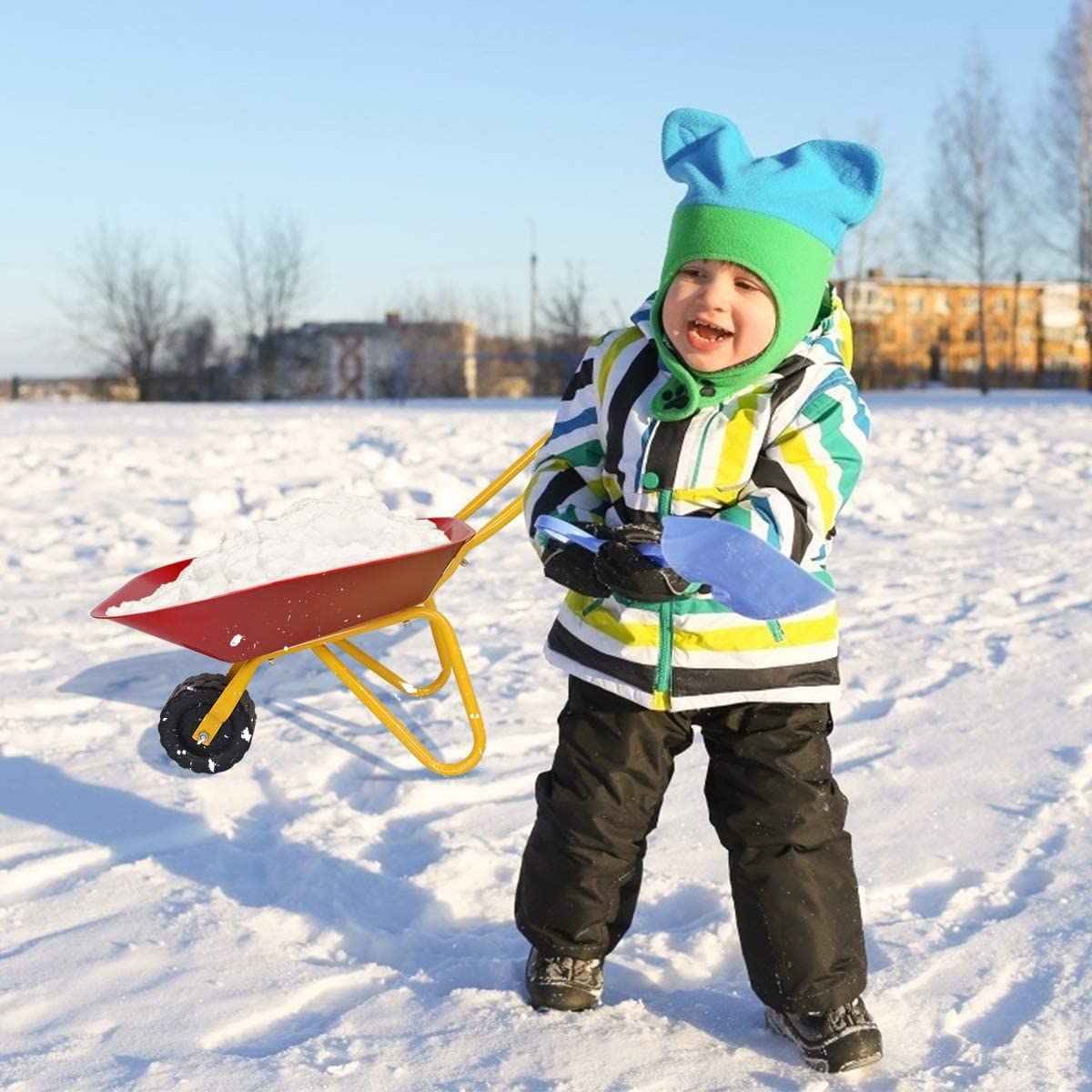HOMGX Toddler Wheelbarrow, Outdoor Toy Wheelbarrow for Kids 2-5, Steel Tray and Rubber Hand Grips, Durable Metal Construction Childrens Barrow, Kids