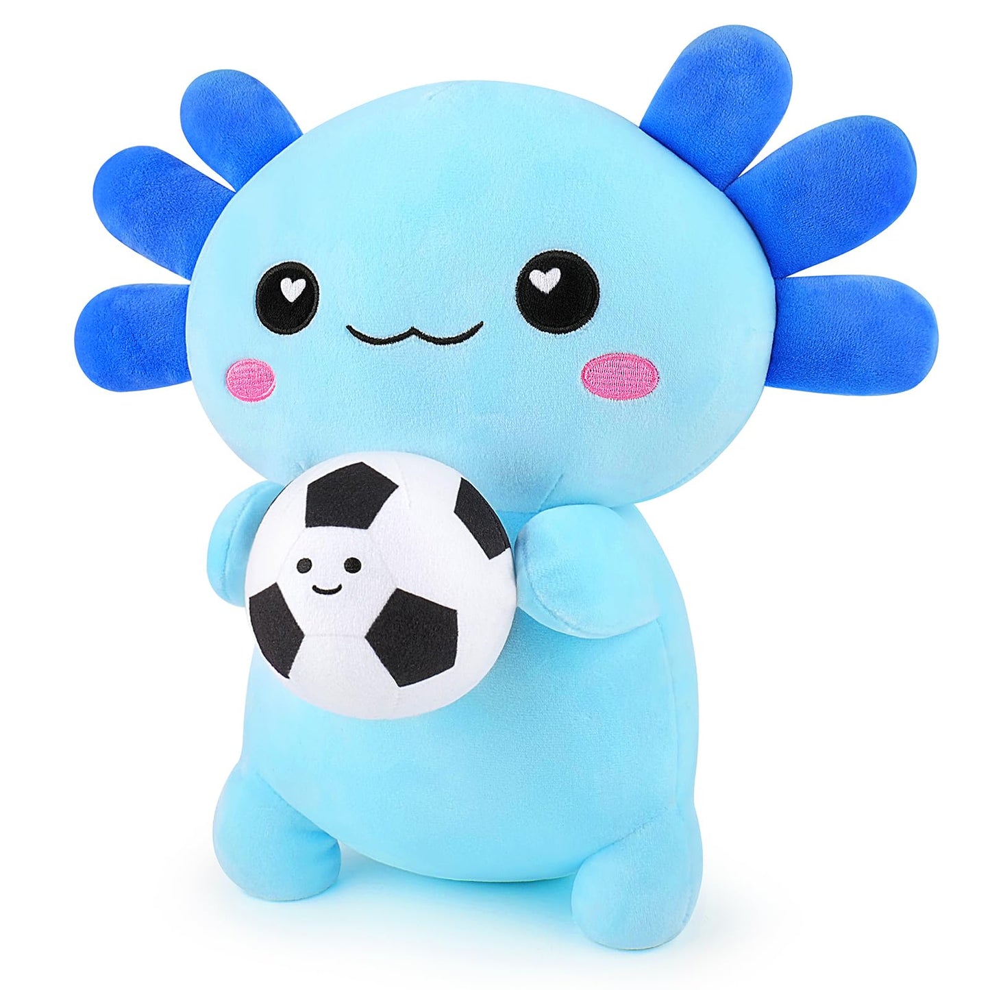 Achwishap Axolotl Plush with Soccer Ball, 14” Blue Axolotl Stuffed Animal Soft Soccer Stuffy Plush Toy, Cute Plushies Pillow Decor, Sports Birthday