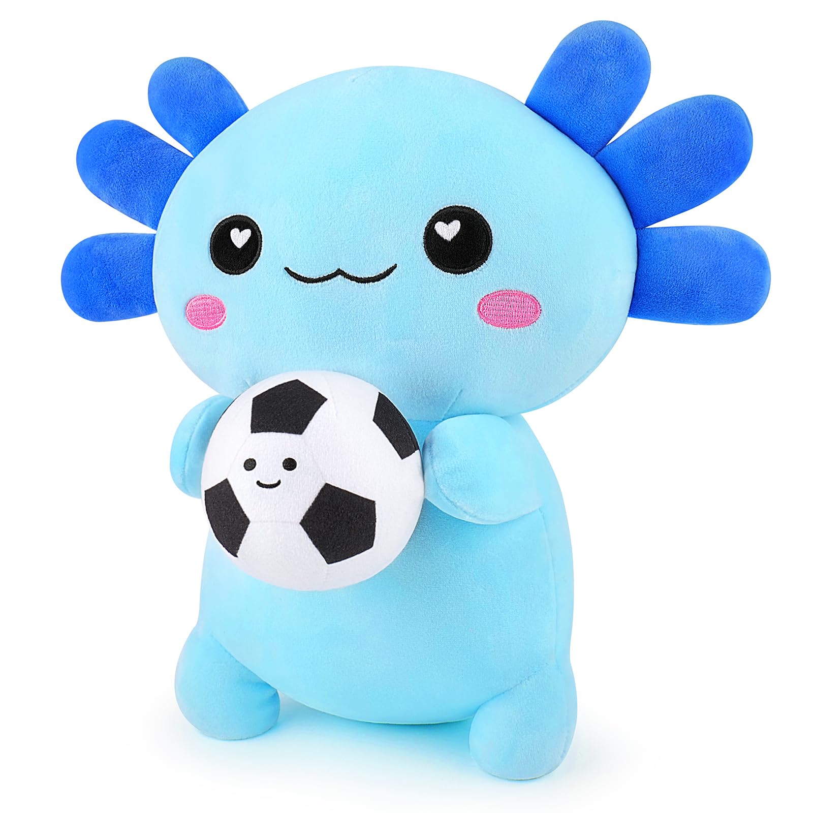 Achwishap Axolotl Plush with Soccer Ball, 14” Blue Axolotl Stuffed Animal Soft Soccer Stuffy Plush Toy, Cute Plushies Pillow Decor, Sports Birthday