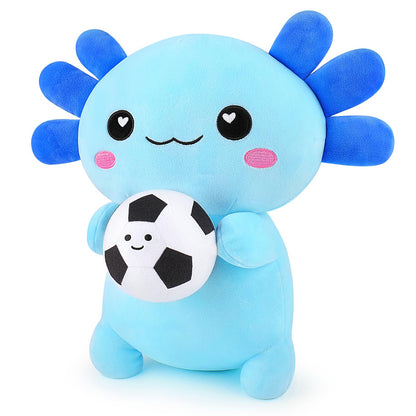 Achwishap Axolotl Plush with Soccer Ball, 14” Blue Axolotl Stuffed Animal Soft Soccer Stuffy Plush Toy, Cute Plushies Pillow Decor, Sports Birthday
