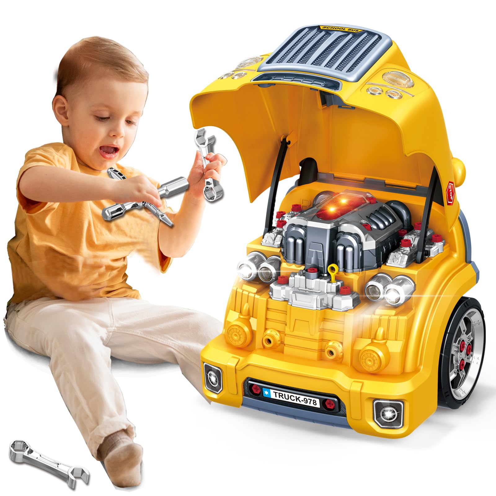 MUGEYMYD Large Truck Engine Toy for Kids 3-5, Take Apart Motor Vehicle Pretend Play Car with Light and Sound, Kids Mechanic Workshop Set, Toy Engine